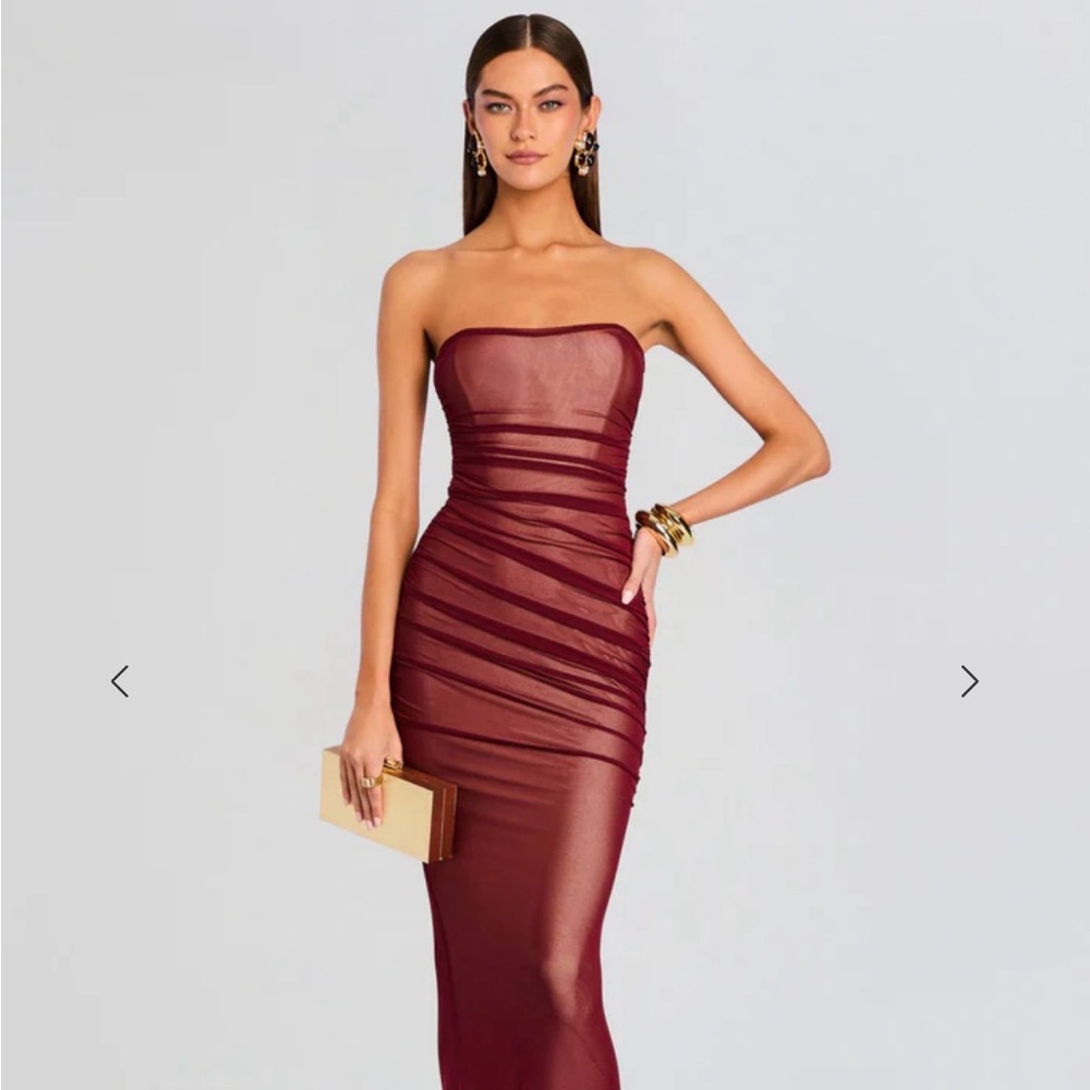 Retrofete Strapless Ruched Mesh Maxi Dress in Burgundy